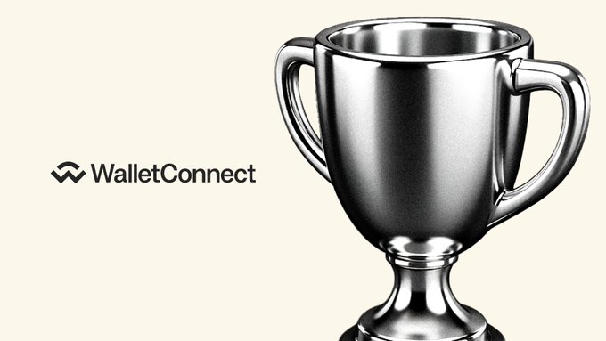 The image shows a shiny silver trophy beside the "WalletConnect" logo, symbolizing an award-winning solution. It visually reinforces the post's message about the problems with manual crypto payouts—misspelled addresses, wrong chains, and unverifiable recipients—by positioning WalletConnect as the victorious answer to these UX and compliance challenges through its native payout features.