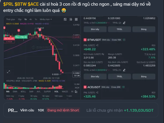 A Binance trading interface showing a short position on PRL/USDT with a -1.42% loss, alongside Vietnamese text criticizing the trade and noting BTWUSDT and ACEUSDT profits.