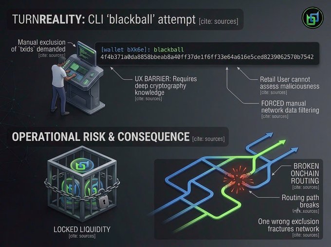 An infographic titled 'TURNREALITY: CLI blackball attempt' illustrates operational risks, showing a user at a terminal, locked liquidity in a vault, and broken onchain routing.