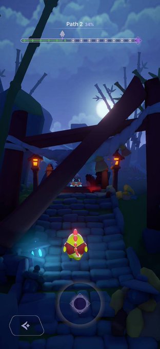 A screenshot of a mobile endless runner game showing a character with a backpack walking up stone steps at night, with a progress bar at the top reading "Path 2 34%".