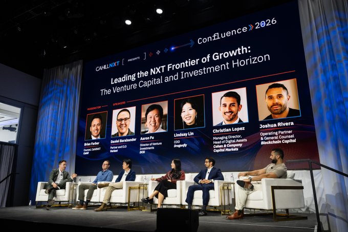 A panel discussion at ChainCoflink Confluence2026 titled 'Leading the NXT Frontier of Growth: The Venture Capital and Investment Horizon,' featuring moderator Ofer Pasha, Aaron Fu, Lindsay Lin (COO, Dragonfly), Christian Lopez (Managing Director, Head of Digital Assets at Cohen & Company Capital Markets), and Joshua Rivera (Operating Partner & General Counsel, Blockchain Capital).