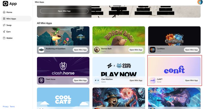 A screenshot of a crypto mini-app store interface displaying various games including 'Awakening of Guardians,' 'Bumee Bah,' 'CardWars,' 'Clash Horse,' 'Claw Machine,' and 'CoNFT.'