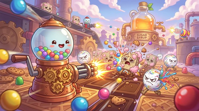 Colorful cartoon illustration depicting a gumball/candy machine shooting colorful balls at cookie characters in a whimsical candy factory setting, with a large 'SUGAR SYRUP' bottle and gears in the background.
