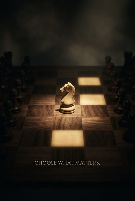 A solitary white chess knight stands illuminated on a wooden chessboard surrounded by shadowy pieces, with the caption 'CHOOSE WHAT MATTERS.' displayed below.