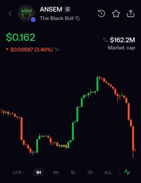 CoinMarketCap-style chart for token ANSEM ('The Black Bull') showing price at $0.162 (+3.49%) with $162.2M market cap.