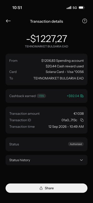 A transaction details screen showing a -$1227.27 purchase from TEHNOMARKET BULGARIA EAD with €92.04 cashback earned at 7.5%, illustrating the user's claim of receiving $92 cashback for buying a washing machine via KAST.