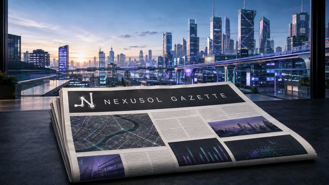 A newspaper titled "NEXUSOL GAZETTE" displayed against a futuristic city skyline at dusk, featuring an "N" logo and various graphics on its pages.