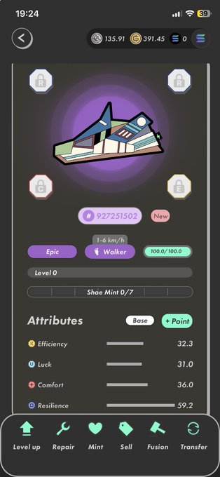 A mobile game inventory screen showing an 'Epic' rarity 'Walker' shoe at Level 0 with attributes like Efficiency (32.3), Luck (31.0), Comfort (36.0), and Resilience (59.2), priced at 927251502.