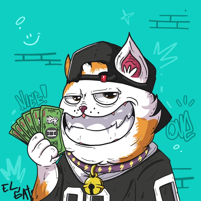 A cartoon cat wearing a backward black cap and chain holds up a fan of cash labeled "GATOS HBAR" with the word "NICE!" floating beside it, against a graffiti-covered teal background. The illustration ties into the post's teaser about a "Los Gatos update" dropping tomorrow, using the feline "Gatos" branding and hype energy to rally the community.
