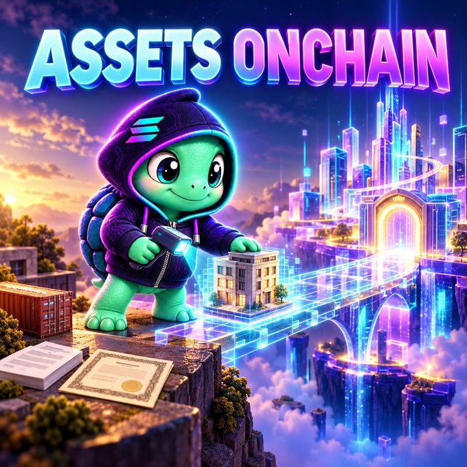 Digital artwork titled "ASSETS ONCHAIN" depicts a cute green turtle character wearing a purple hoodie, holding a device with a holographic bridge leading to a futuristic neon city.