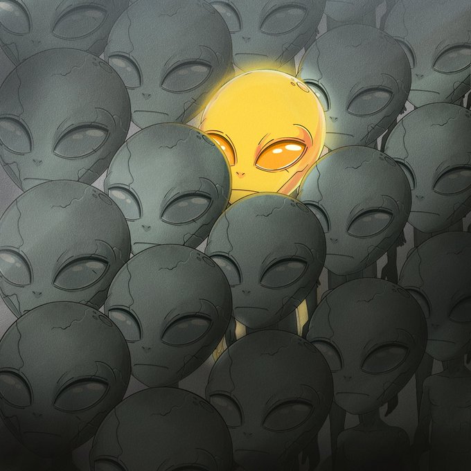 An illustration showing a group of gray alien heads, with one yellow/gold alien standing out and glowing in the center.