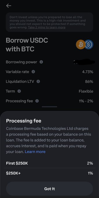 A mobile app screenshot for borrowing USDC with BTC, showing a variable rate of 4.73%, liquidation LTV of 86%, flexible term, and a processing fee of 1%-2%.