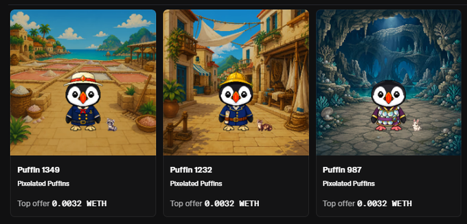 Three NFT listings from Pixelated Puffins showing Puffin 1349, 1232, and 987, each with a top offer of 0.0032 WETH and featuring the penguin character in different environments.