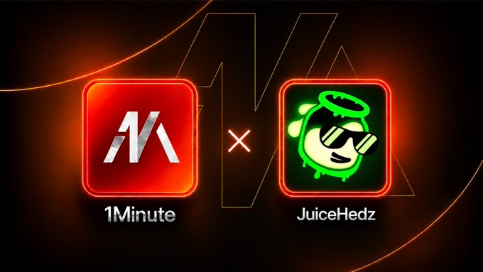 A promotional graphic featuring two red neon-bordered icons: the '1Minute' logo on the left and a green 'JuiceHedz' character with sunglasses on the right, separated by a multiplication sign.
