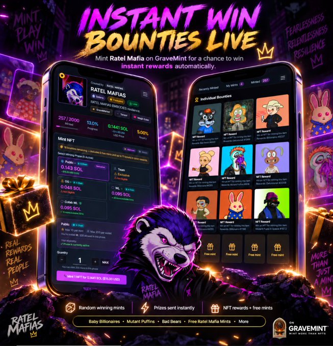 A promotional graphic for Ratel Mafia on GraveMinting, advertising instant rewards and showing mobile screens displaying the Ratel Mafia NFT minting interface with various NFT collections and prize tiers.