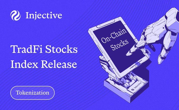 Injective promotional banner for 'TradFi Stocks Index Release' under a 'Tokenization' tag, featuring a robotic hand holding a tablet labeled 'On-Chain Stocks.'