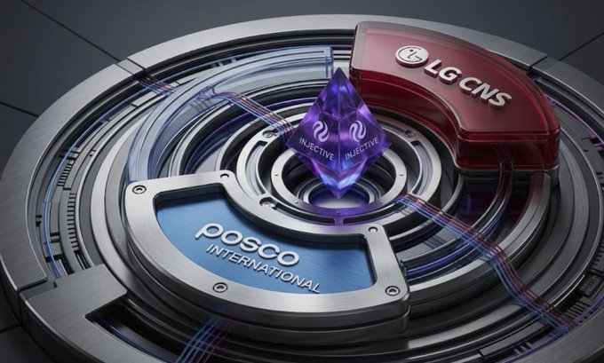A futuristic 3D render featuring a metallic circular platform with logos for 'INJECTIVE', 'POSCO INTERNATIONAL', and 'LG CNS', with a glowing purple crystal in the center.