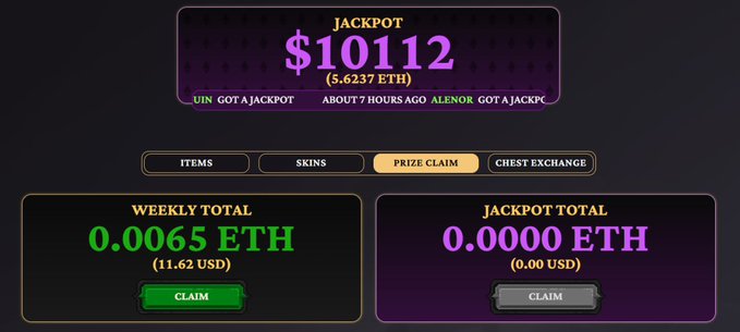 A gaming rewards dashboard displays a $10,112 (5.6237 ETH) jackpot won recently by users "ALENOR," with a weekly total claim of 0.0065 ETH ($11.62) and a $0.00 jackpot total—reflecting the poster's frustration at receiving only a small weekly payout despite the site's large advertised jackpots.