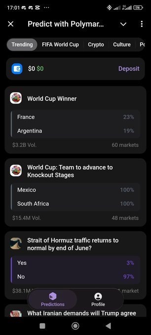 The image shows the Polymarket prediction platform's mobile interface, displaying various trending markets including FIFA World Cup (France 23%, Argentina 19%) and Strait of Hormuz traffic questions ($0 balance shown). This screenshot illustrates the context of Polymarket's expansion into Telegram, demonstrating the prediction markets interface that TON users can now access directly within their messaging ecosystem without needing to leave the platform.
