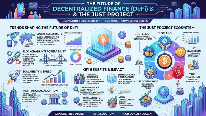 The main visual component of this image is a colorful infographic about decentralized finance (deFi) projects like Bitcoin Cash or Ethereum Classic. The infographic highlights various aspects, such as innovation, accessibility, and blockchain-powered financial services. One particularly interesting section talks about Just, which stands out due to its potential in the future of finance. When I look at this image, it seems that there is a connection between deFi projects like Bitcoin Cash or Ethereum Classic and the concept of decentralized finance. The infographic demonstrates how these projects are designed to provide innovative financial services accessible to everyone.