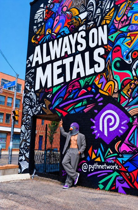 A person in a grey suit and purple mask poses in front of a colorful mural that reads 'ALWAYS ON METALS' and '@pythnetwork'.