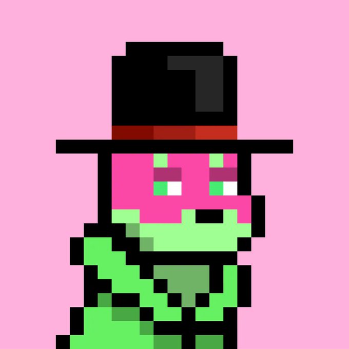 A pixel art character with pink skin, bright green and purple eyes, and a large black top hat stands against a solid pink background.