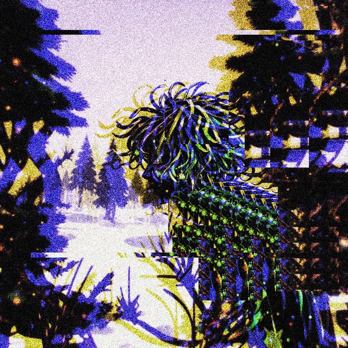 A stylized, grainy digital illustration of a character with wild, flowing dark hair and a green beaded body, set against a purple and yellow forest-like background with glitch effects.