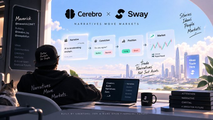 A promotional banner for "Cerebro x Sway" featuring a person in a hoodie facing a cityscape with the text "NARRATIVES MOVE MARKETS" and various market-related graphics.