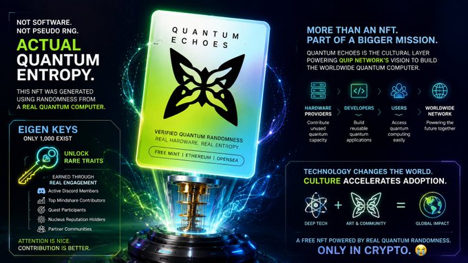 The image presents an advertisement for a NFT platform named "Quantum Echoes" featuring a butterfly-like design with a gold border placed in front of a black background. The text above the butterfly reads "Actual Quantum Echoes", indicating that this is not just a fictional concept, but something real and tangible. Below the butterfly, there are descriptions of how it was generated using randomness from a real quantum computer. The post also mentions that the NFT was created using the tokens from @quipnetwork.com, emphasizing the importance of their platform in the world today.