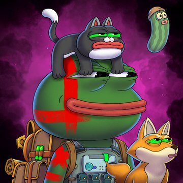 A cartoon illustration of a green Pepe the Frog character dressed as an astronaut with a red mouth-strap, a gray cat sitting on its head, a fox in a spacesuit below, and a pickle floating in the background against a purple sky.