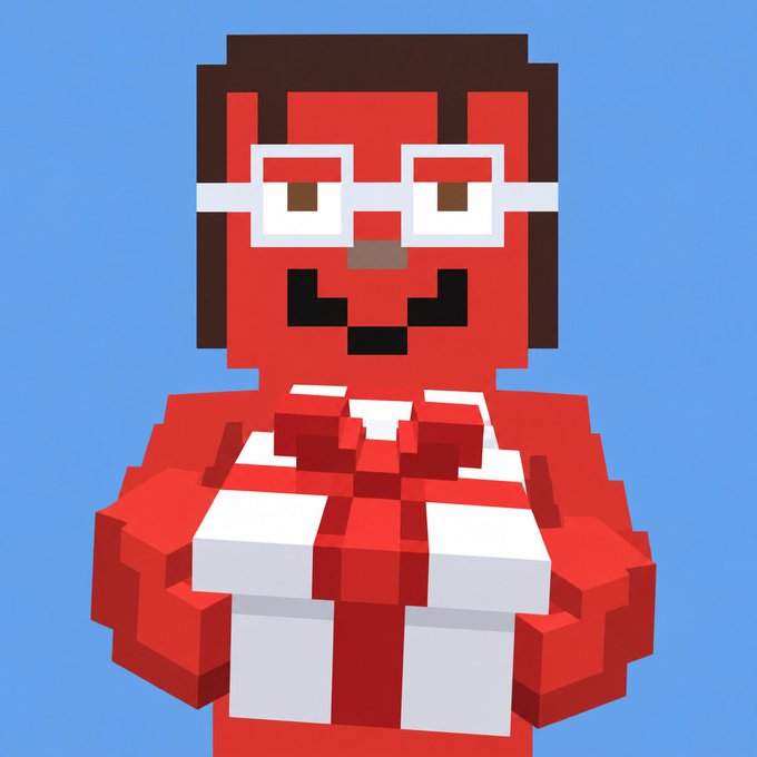 A 3D voxel-style character of a red figure with white-framed glasses and a mustache, wearing a red and white outfit against a blue background.