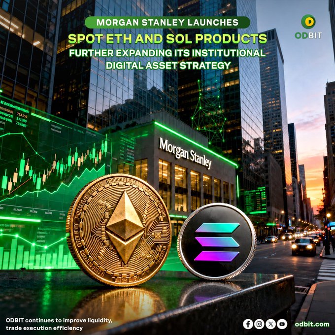 A promotional graphic announces Morgan Stanley's launch of spot ETH and SOL products to expand its institutional digital asset strategy, featuring large renderings of Ethereum and Solana coins in front of a cityscape with the Morgan Stanley building and green trading charts, branded with the ODBIT logo and taglines highlighting improved liquidity and trade execution efficiency.