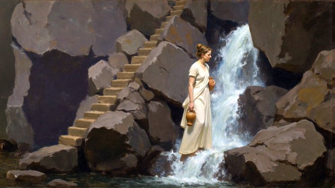 A young woman in a flowing cream dress stands barefoot in a rocky stream, holding a water jug beside a cascading waterfall and stone-carved steps ascending into the cliffside—evoking a serene, balanced mood that mirrors the "Equilibrium" sentiment of Panorama Tableau #65, whose modest 0.55% price change reflects the tranquil steadiness of the scene.