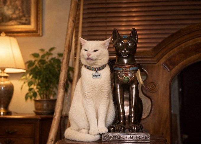 A white cat wearing an Egyptian-themed collar that says 'LMEOW', sitting next to an Egyptian-style cat statue in an ornate room.