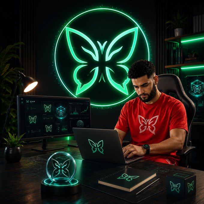 A man in a red t-shirt works on a laptop in a dark room illuminated by a large green neon butterfly logo on the wall and matching computer screens.