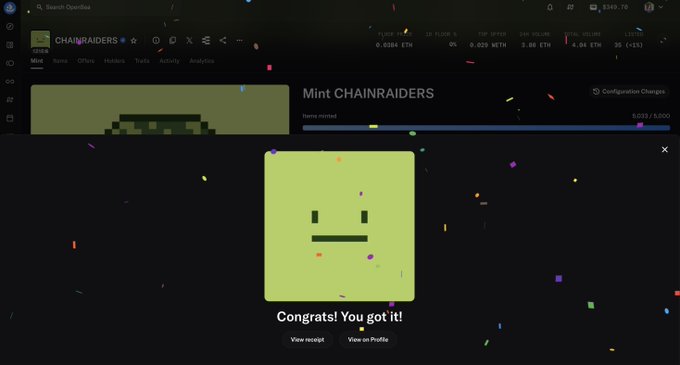 A screenshot of an NFT minting confirmation page for 'Mint CHAINRAIDERS' showing a green pixelated character avatar with the text 'Congrats! You got it!' amidst confetti.
