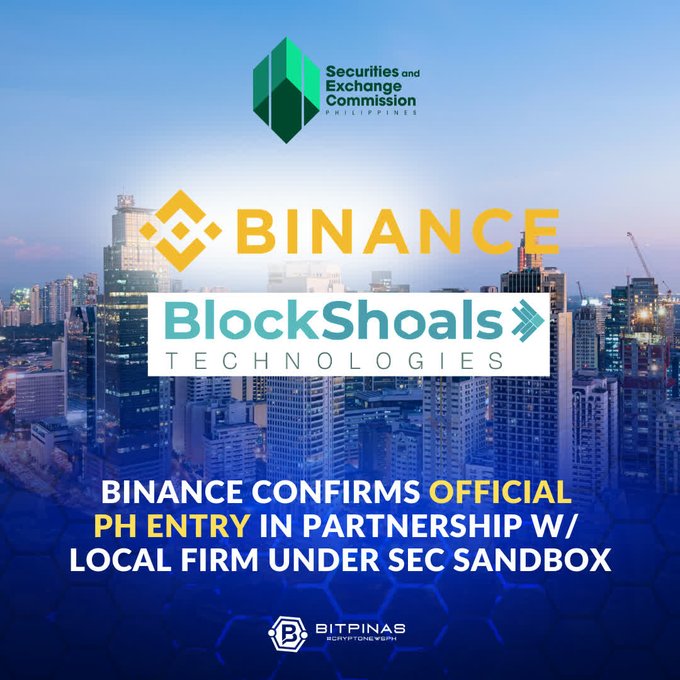 The image features a cityscape with tall buildings at dusk, creating an urban atmosphere. In the foreground of the image, there are two logos prominently displayed - one for Binance and another for BlockShoals Technologies Inc., which is a local fintech firm. The text in the image indicates that Binance has confirmed its official entry into the Philippines through a partnership with BlockShoals Technologies Inc. This partnership will involve the local fintech company acting as the approved local within the Strategic Sandbox framework, allowing Binance to enter the Philippine market.