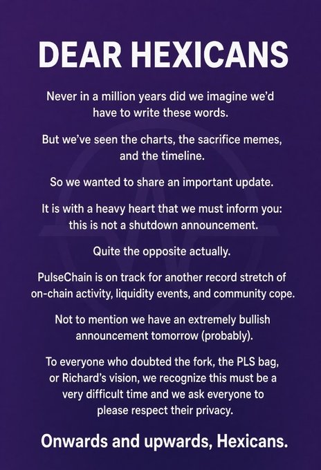 A purple announcement text graphic addressed to 'DEAR HEXICANS' discussing PulseChain's on-chain activity and addressing community concerns, signed off with 'Onwards and upwards, Hexicans.'