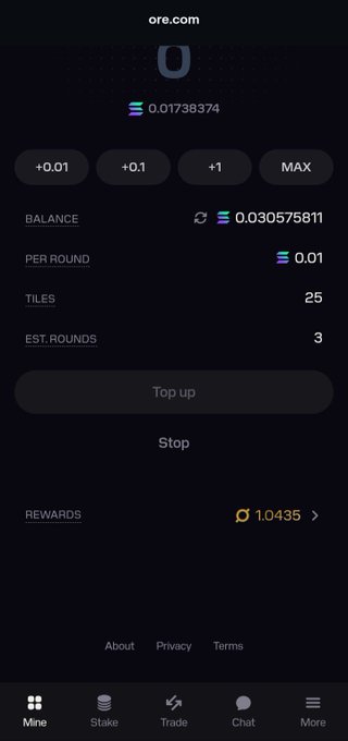 A screenshot of a cryptocurrency mining app interface (ore.com) showing a balance of 0.030575811 SOL, per round amount of 0.01, 25 tiles, and rewards of 0.0435.