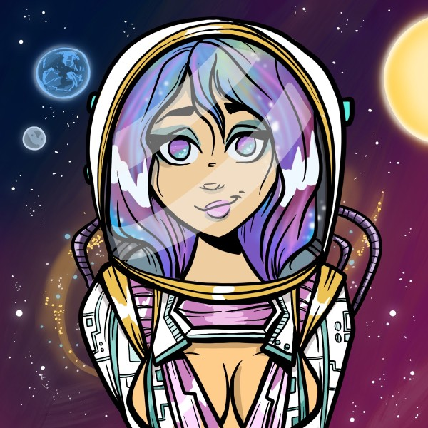 A digital illustration depicts an anime-style woman with galaxy-patterned hair wearing a space helmet and a white and pink jacket, set against a starry space background with planets.