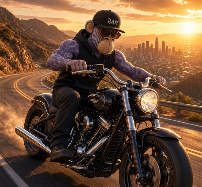 A helmeted motorcyclist rides a black Harley-Davidson-style cruiser on a winding road at sunset, overlooking a city skyline.