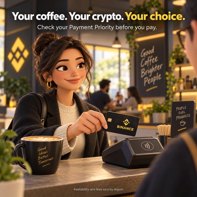 A Binance promotional image showing an animated woman at a coffee shop holding a Binance card, with text 'Your coffee. Your crypto. Your choice.' and 'Check your Payment Priority before you pay.'