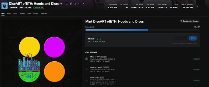 A screenshot of the DiscART of ETH NFT minting page for 'Hoods and Discs' showing Phase 1 - GTD mint schedule and public mint details.