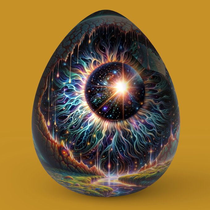 A cosmic egg with a luminous celestial core and radiant flowing tendrils of light floats against a vibrant yellow background, embodying the mythical transformation described as its rays reveal realms of legend and wonder.