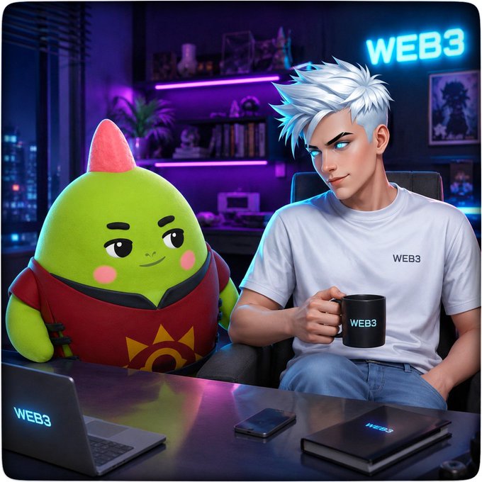 An anime-style illustration of a silver-haired character sitting at a desk with a green mascot creature, surrounded by 'WEB3' branding on the laptop, mug, books, and neon sign in the background.