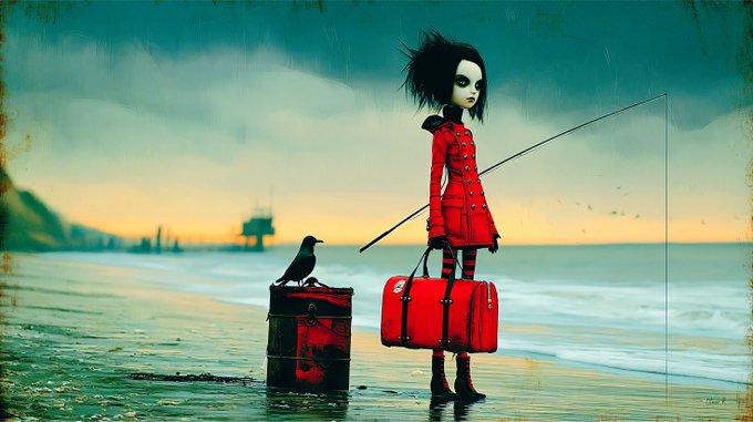 A goth-styled doll in a red coat stands on a misty beach holding a red duffel bag, accompanied by a small black bird perched on a battered suitcase, evoking an eerie sense of journey and solitude. The artwork, titled "Doll by the Sea" and signed by Oliver R, captures a haunting, melancholic atmosphere that complements the post's reference to surreal, doll-themed art.