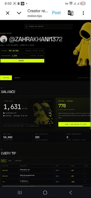 A mobile screenshot of a creator earnings page shows a balance of 1,631 MOTION tokens, 770 MOTION claimable, and a username "@ZAHRAKHANI1372".