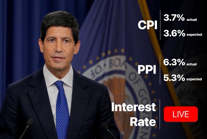Federal Reserve Chair Kevin Warsh appears at a podium, with an overlay showing CPI at 3.7% actual versus 3.6% expected and PPI at 6.3% actual versus 5.3% expected, alongside an “Interest Rate” “LIVE” graphic. The hotter-than-expected inflation data supports the accompanying post’s focus on whether the Fed will hold rates and how markets may react to Warsh’s message.