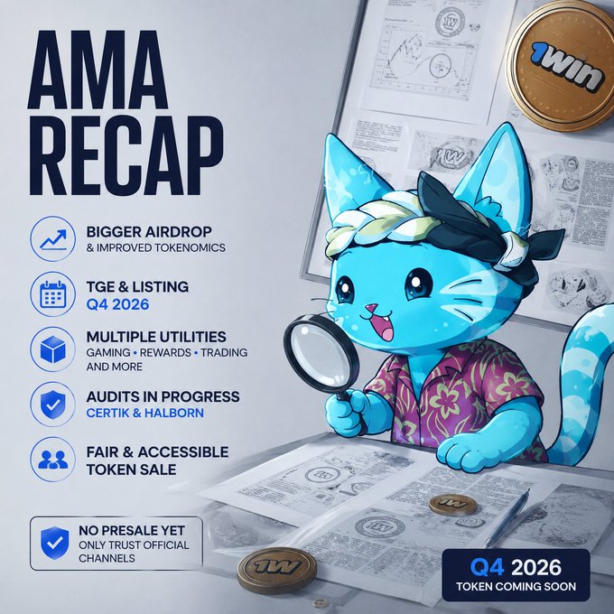 An 'AMA RECAP' graphic featuring a blue cartoon cat character with a magnifying glass, advertising a token called '1WIN' with details about a bigger airdrop, TGE & listing in Q4 2026, and multiple utilities.