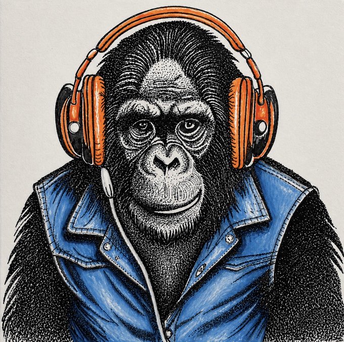 An illustration of a gorilla wearing orange headphones with a microphone and a blue denim vest, looking directly at the viewer.